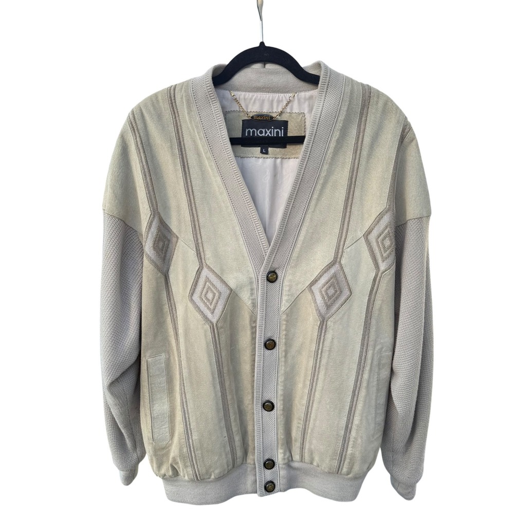 Maxini Mens Beige Suede Knit‎ V Neck Button Up Bomber Jacket L Vintage
